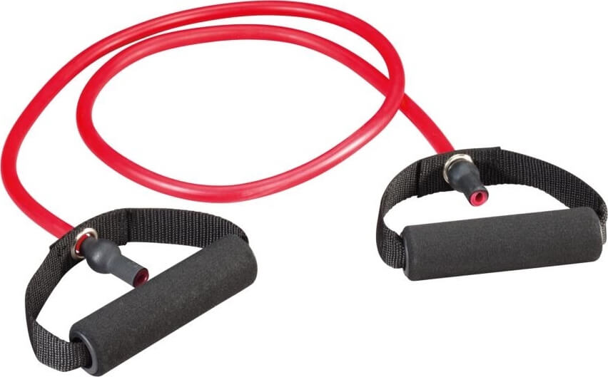 Rotes Fitness-Widerstandsband mit ergonomischen Griffen für effektives Widerstandstraining