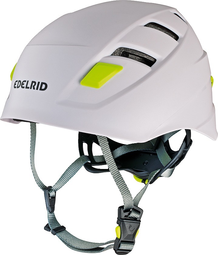 Weißer Kletterhelm mit grünem Akzent, Belüftungsschlitzen und verstellbaren Riemen