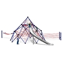 Große Kletterpyramide mit Netzstruktur und langer Rutsche, geeignet für Kinder auf Spielplätzen.