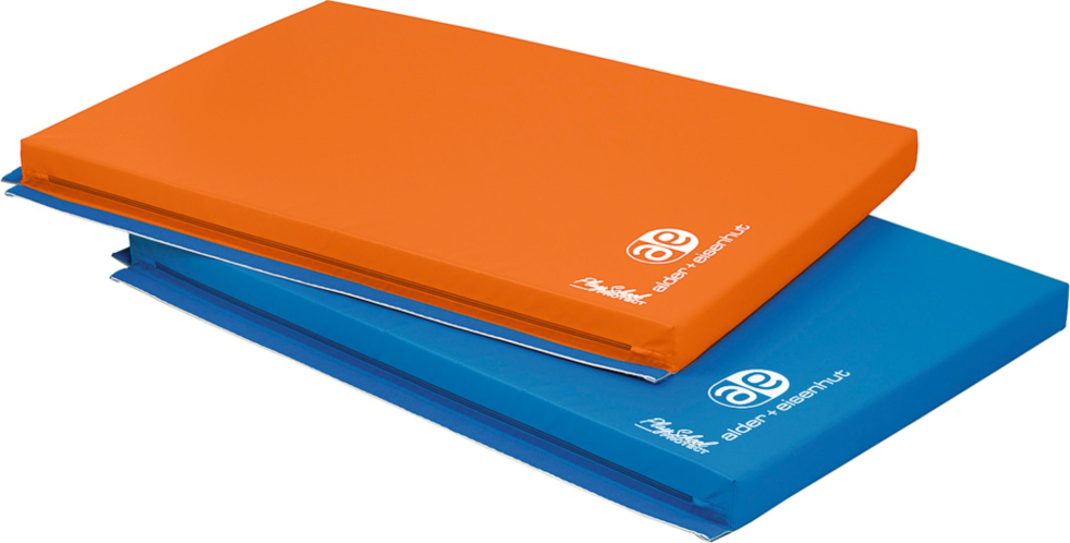 Zwei Gymnastikmatten in Orange und Blau übereinander gestapelt