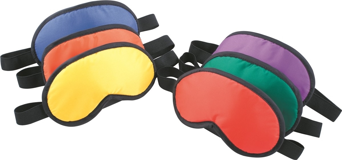 Sechs bunte Schlafmasken aus Seide in verschiedenen Farben wie Blau, Rot, Gelb, Lila, Grün und Orange
