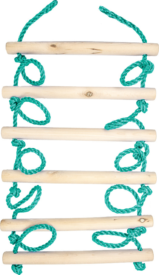 Bild einer Strickleiter mit grünen Seilen und Holzsprossen, ideal für den Outdoor-Einsatz