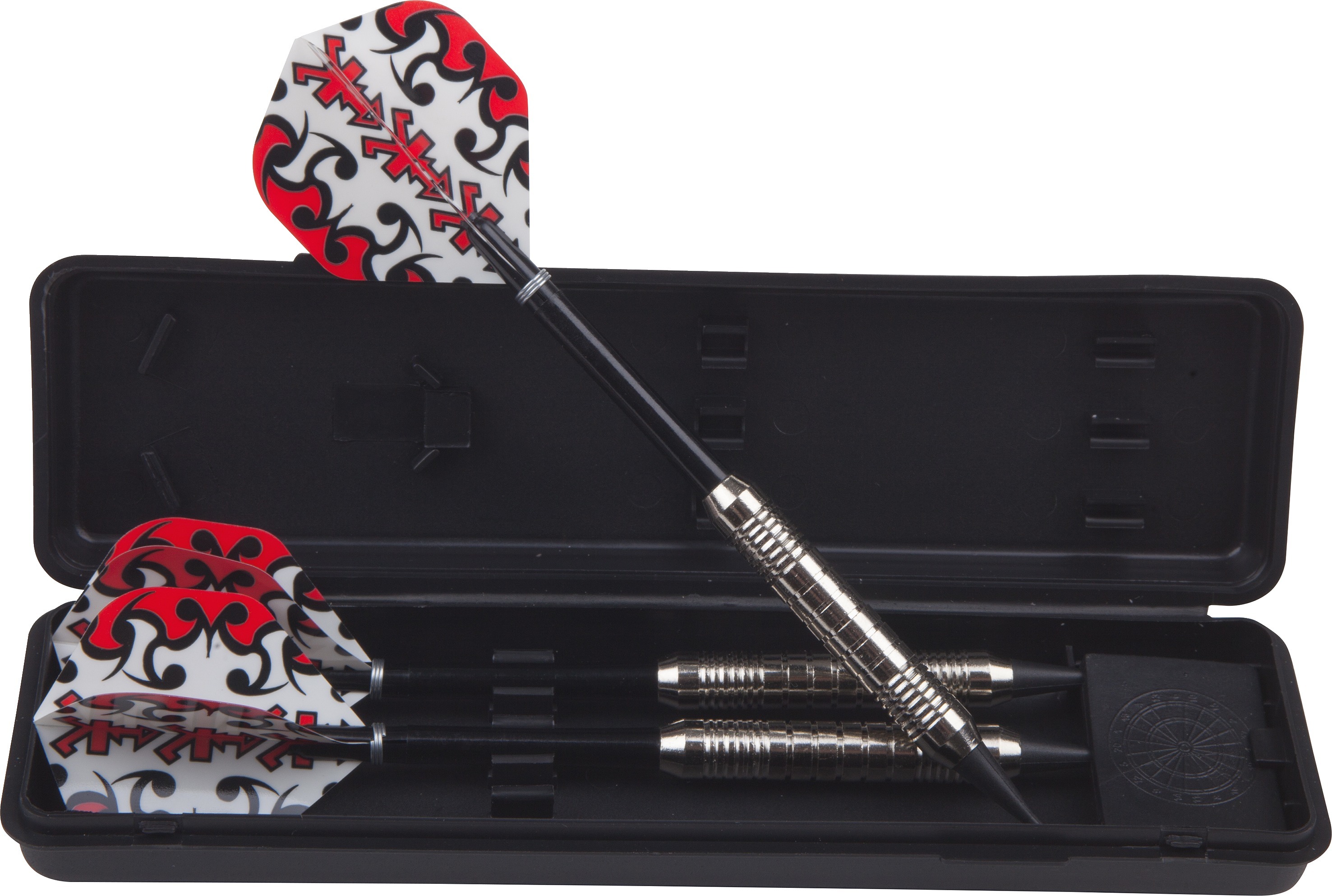 Dartpfeilset in einem schwarzen Etui mit auffälligem rot-weißem Design auf den Flights