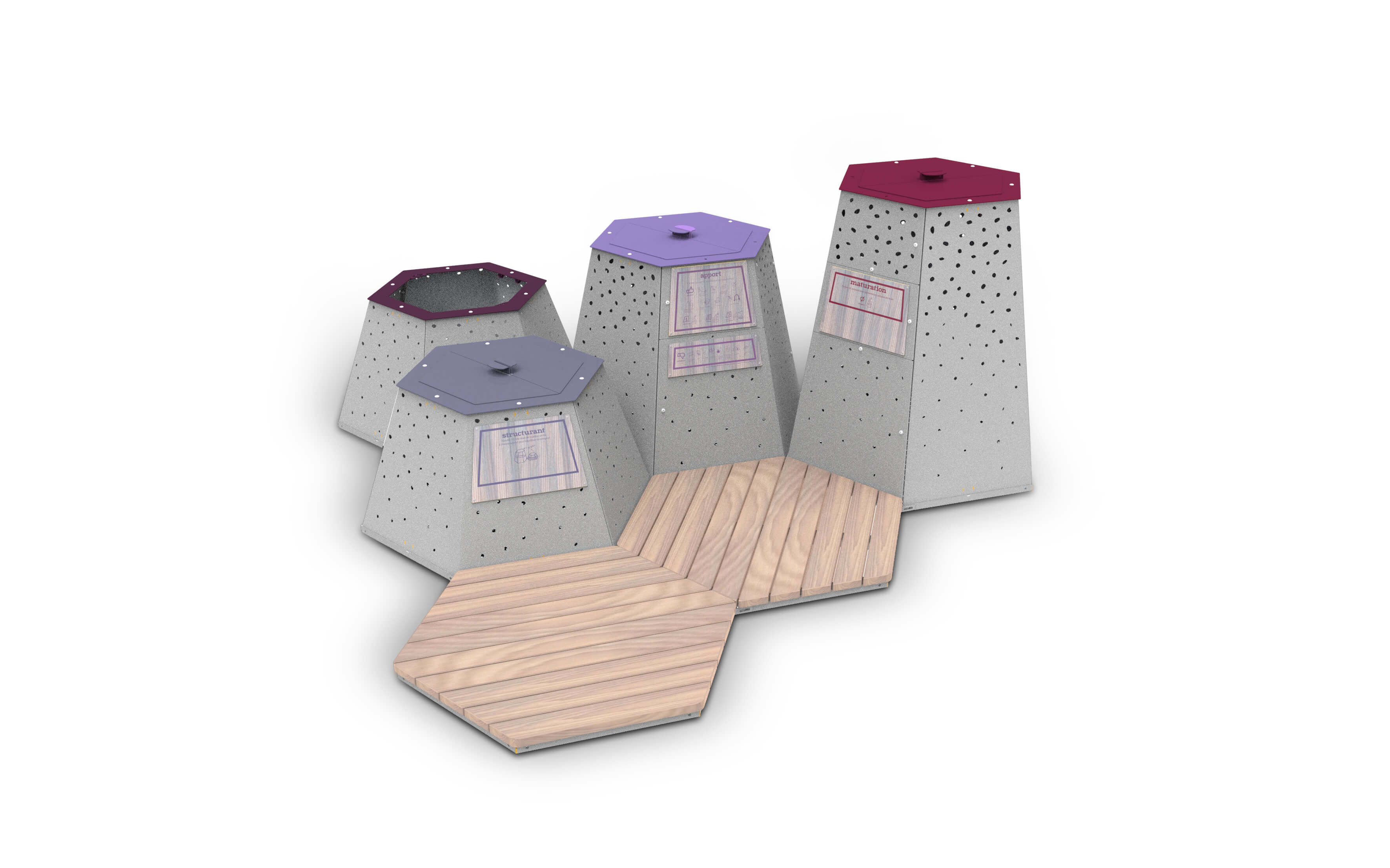 Eine Gruppe von modularen Sitzgelegenheiten aus Holz und Metall mit sechseckigem Design, ideal für flexible Raumgestaltung.