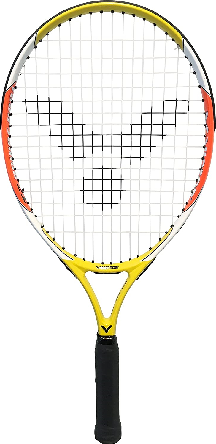 Tennisracket in leuchtendem Gelb und Rot, speziell für junge Spieler designt, mit schwarzem Griff und charakteristischer Saitenstruktur.