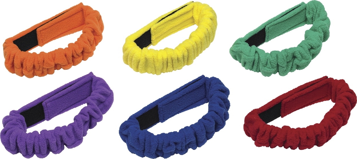Sechs elastische Frottee-Stirnbänder in den Farben Orange, Gelb, Grün, Violett, Blau und Rot