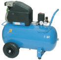 Blauer mobiler Luftkompressor, 50-Liter-Tank, Manometer, Räder und Tragegriff
