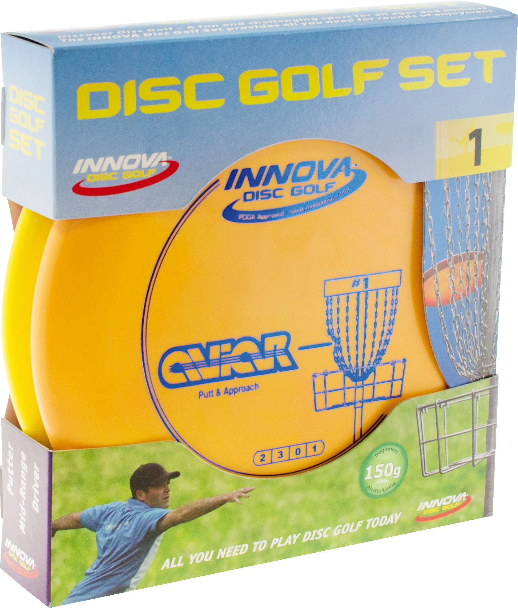 Innova Disc Golf Set, ideales Set für Einsteiger mit Putter, Mid-Range und Driver, gelbe Discs in einer Verpackung aus Karton.