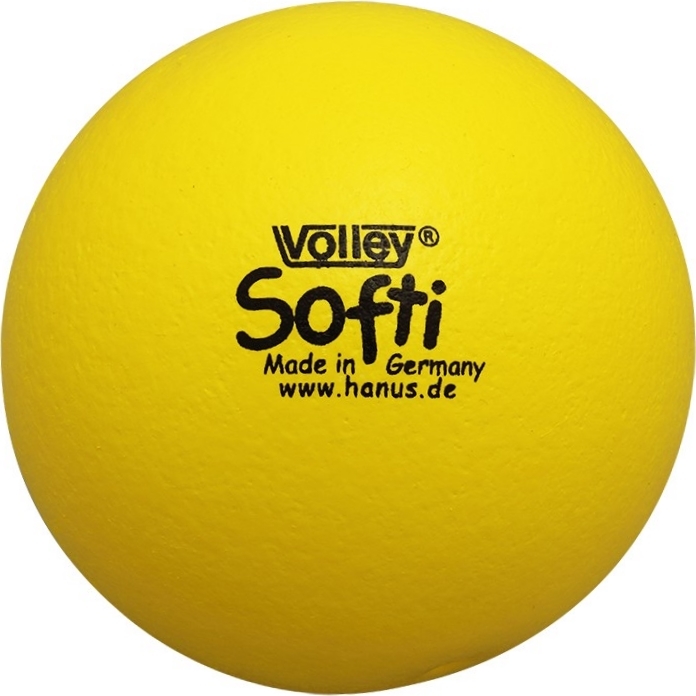 Gelber Volley Softi Ball mit der Aufschrift 'Made in Germany' und 'www.hanus.de' auf der Oberfläche