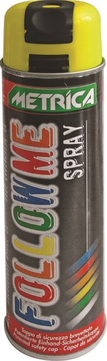 Metrica Follow Me Spraydose mit gelber Kappe, farbigem Etikett und patentiertem Sicherheitsschutz