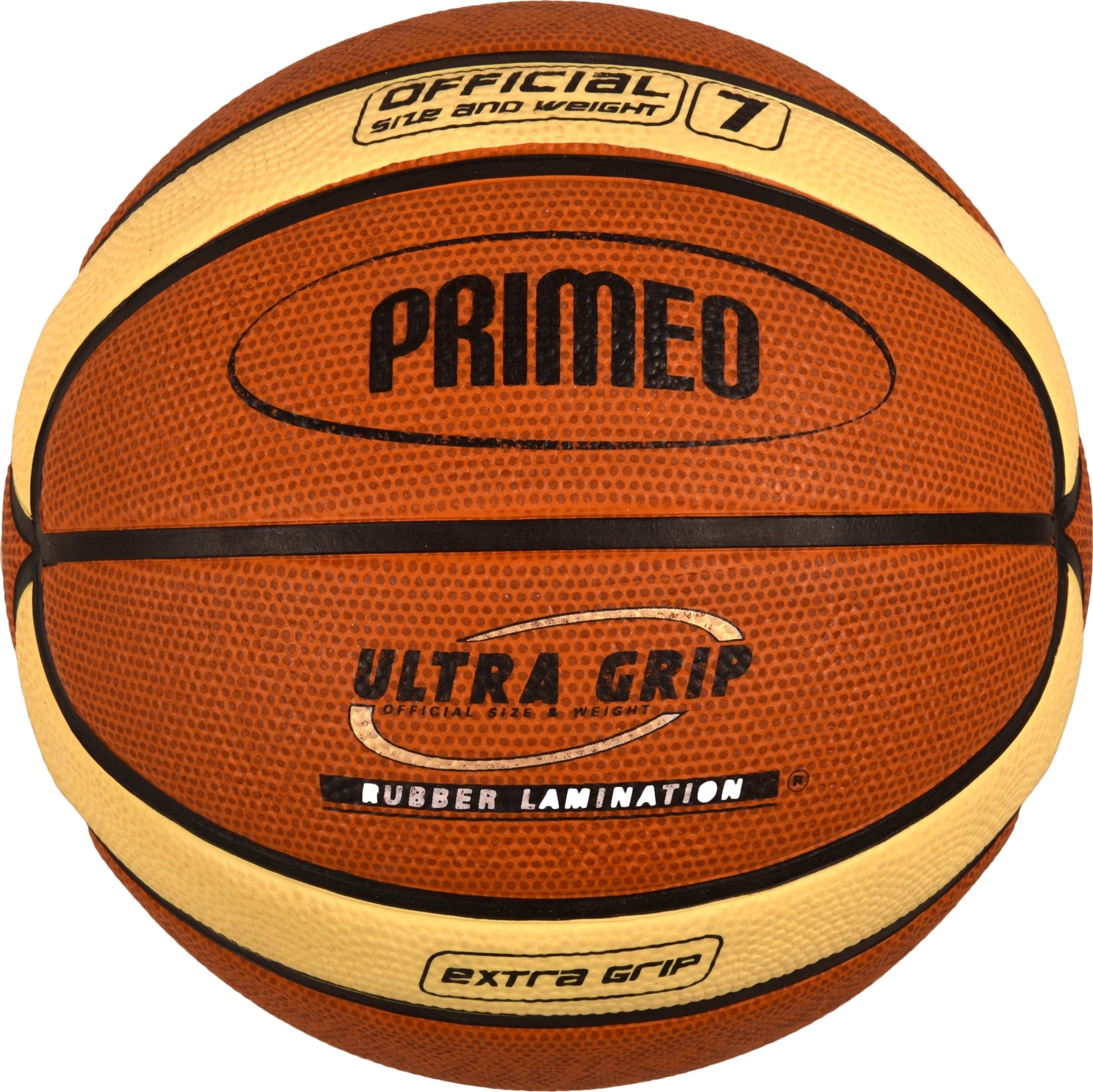 Close-up eines Basketballs mit der Aufschrift 'PRIMED' und 'Ultra Grip', ideale Größe für Turniere.