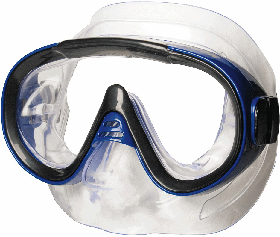 Eine blaue und schwarze Tauchmaske mit transparentem Rahmen für klares und weites Sichtfeld, ideal zum Schnorcheln und Tauchen.