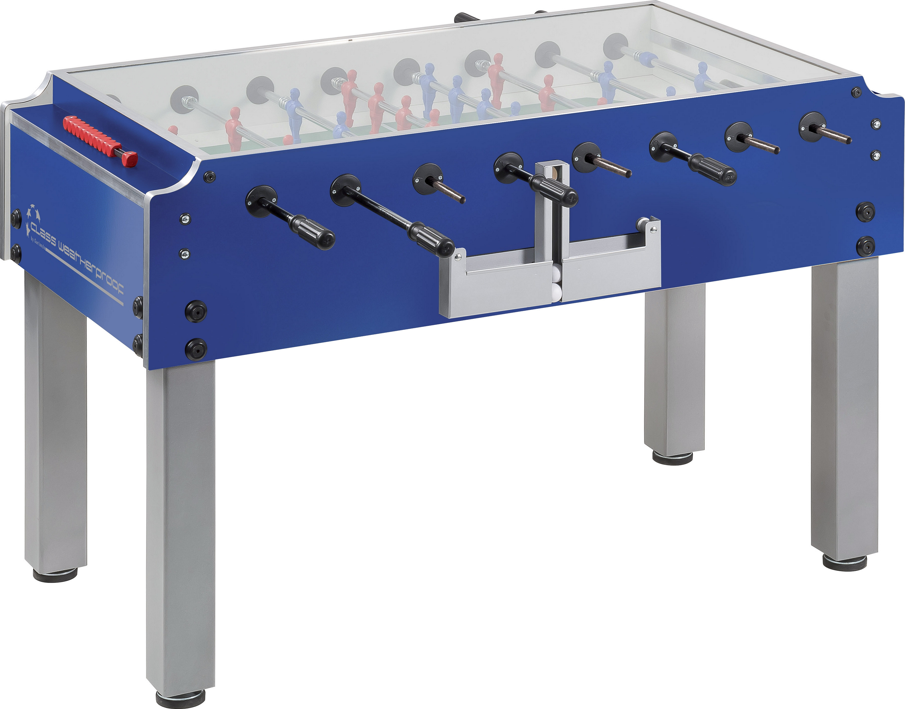 Robuster Tischkicker in Blau mit Glasplatte für lange Haltbarkeit