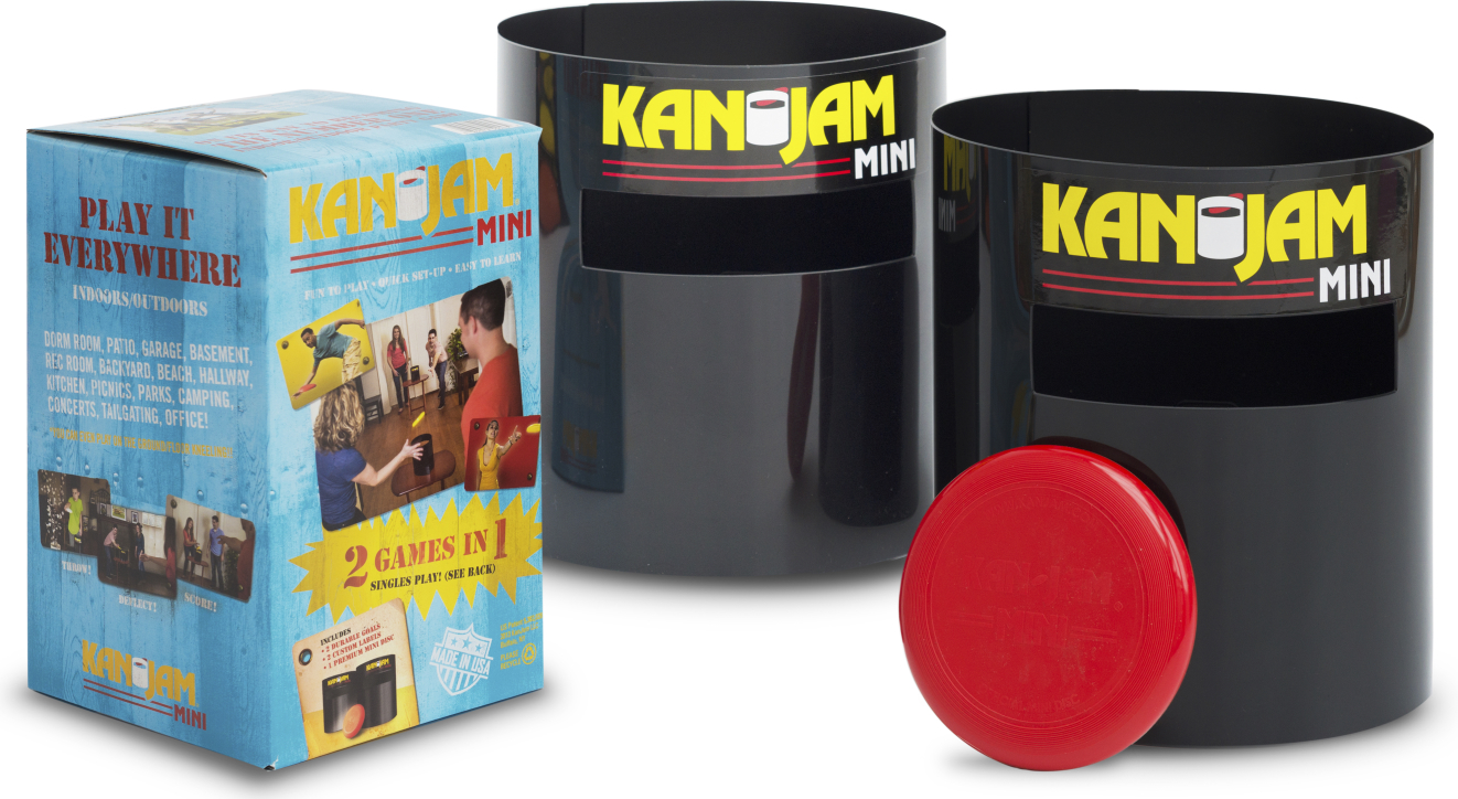 KanJam Mini Spielset mit zwei schwarzen Behältern und roter Scheibe, geeignet für drinnen und draußen