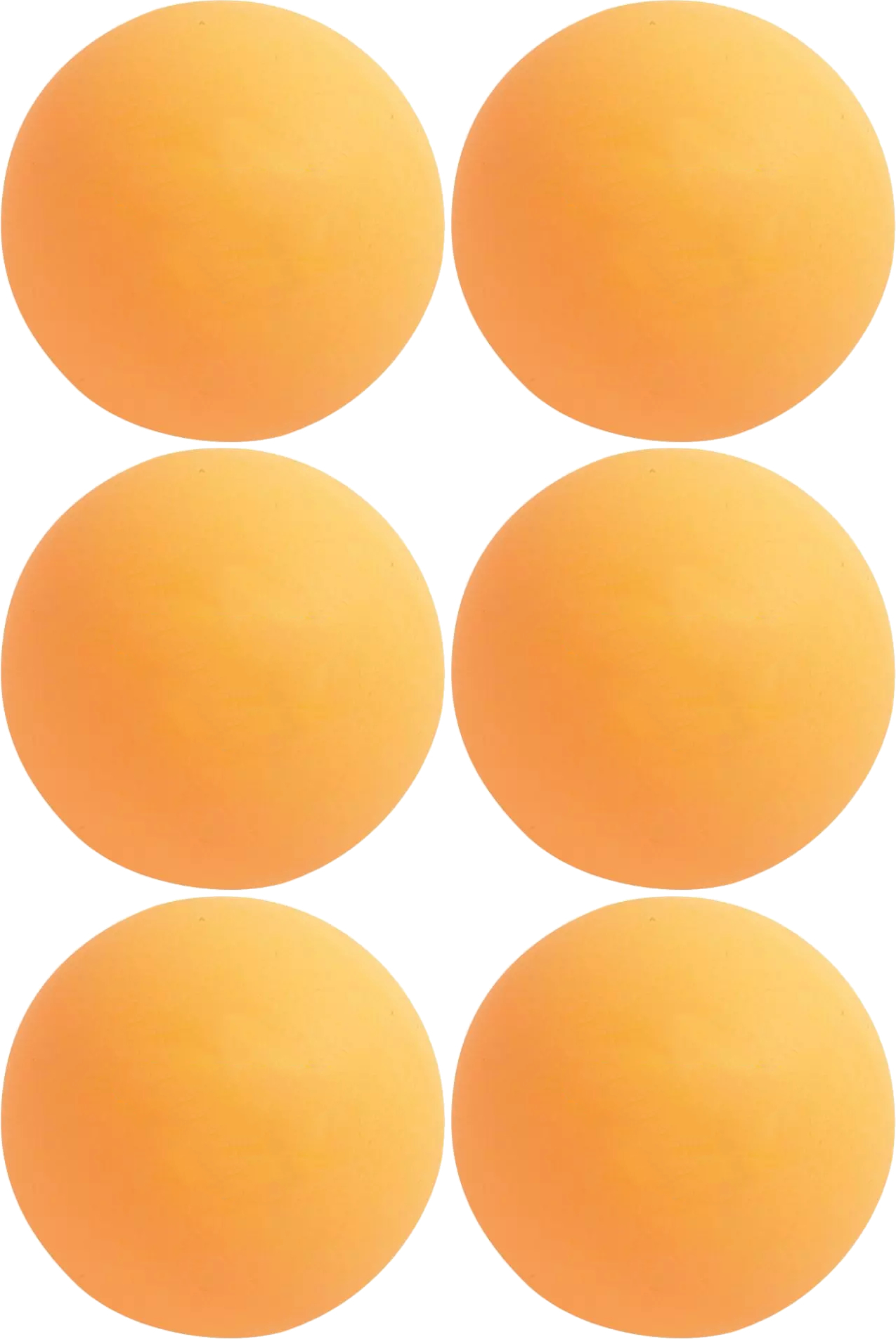 Nahaufnahme von sechs orangefarbenen Tischtennisbällen, gleichmäßig angeordnet