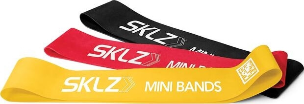 Drei SKLZ Mini Bands in den Farben Gelb, Rot und Schwarz zur Verbesserung von Kraft und Flexibilität im Fitnesstraining