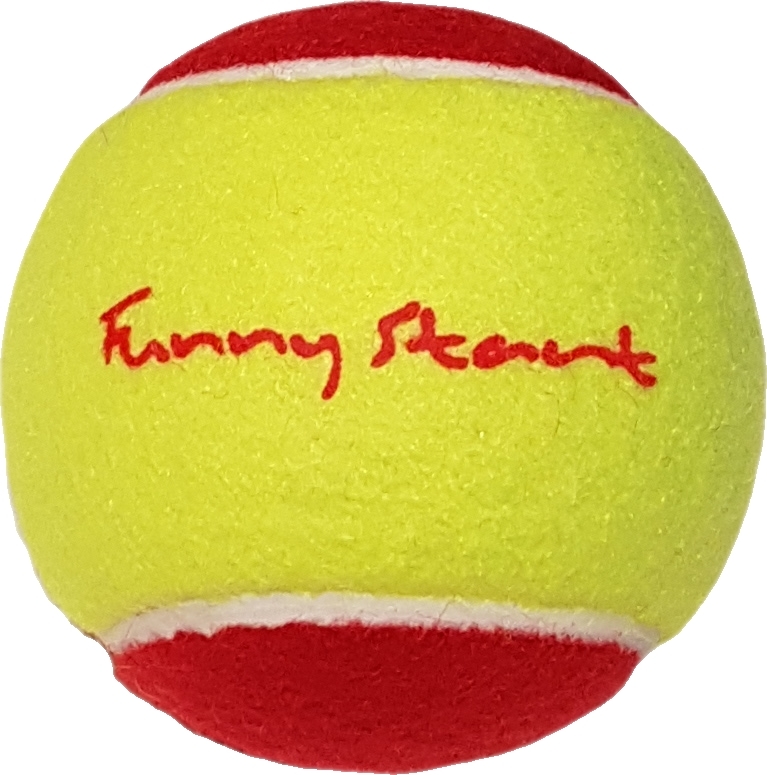 Gelber und roter Tennisball mit dem Text 'Funny Stuart'