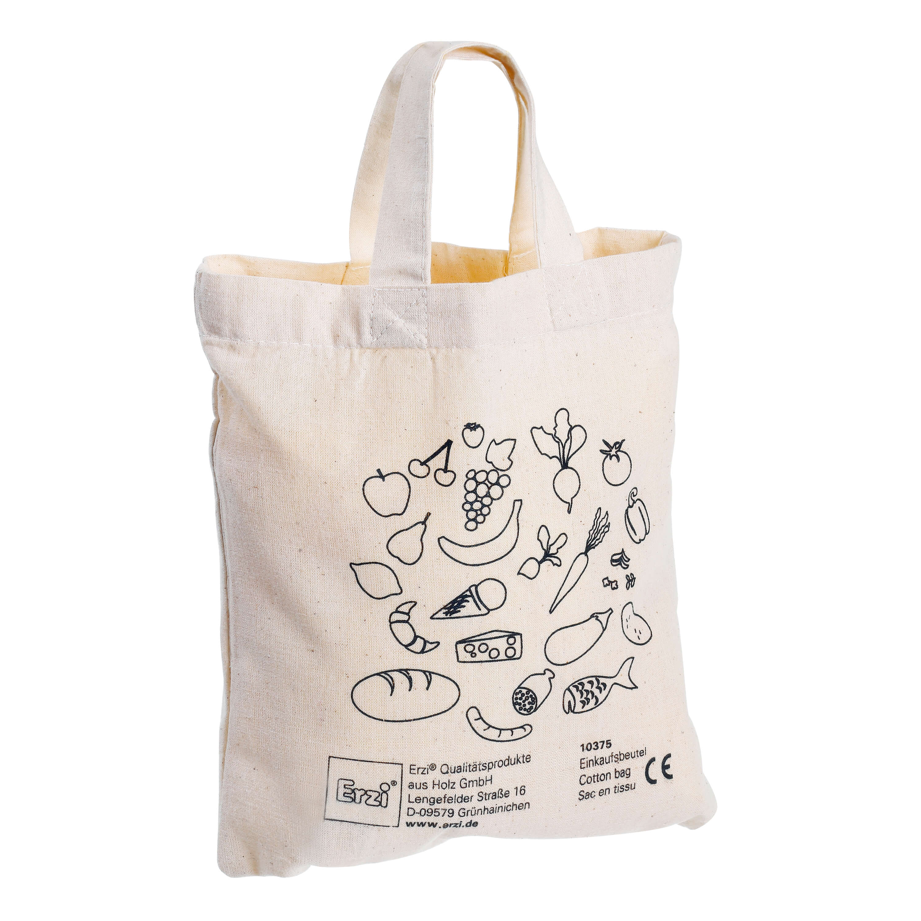 Ein nachhaltiger Baumwoll-Einkaufsbeutel mit Aufdruck von verschiedenen Lebensmitteln wie Obst und Gemüse, Brot und Fisch.