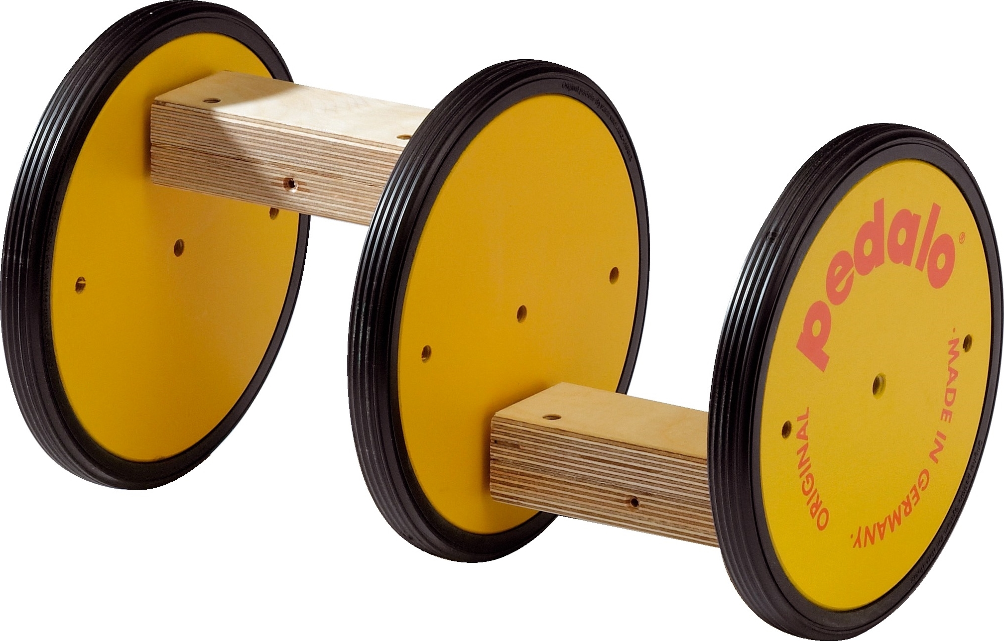 Pedalo Balancehilfe mit gelben Rädern und Holzstruktur zur Förderung der motorischen Fähigkeiten