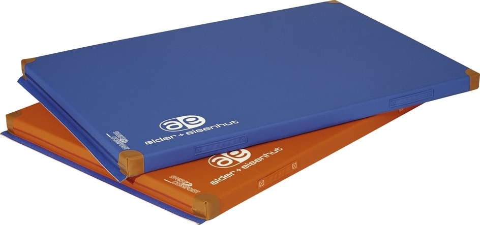 Zwei übereinander liegende Sportmatten in Blau und Orange, geeignet für Gymnastikübungen und Fitnessaktivitäten