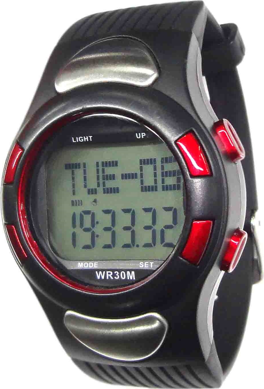 Digitale Sportuhr mit schwarzem Armband, roten Akzenten und LCD-Display mit Uhrzeit und Datum