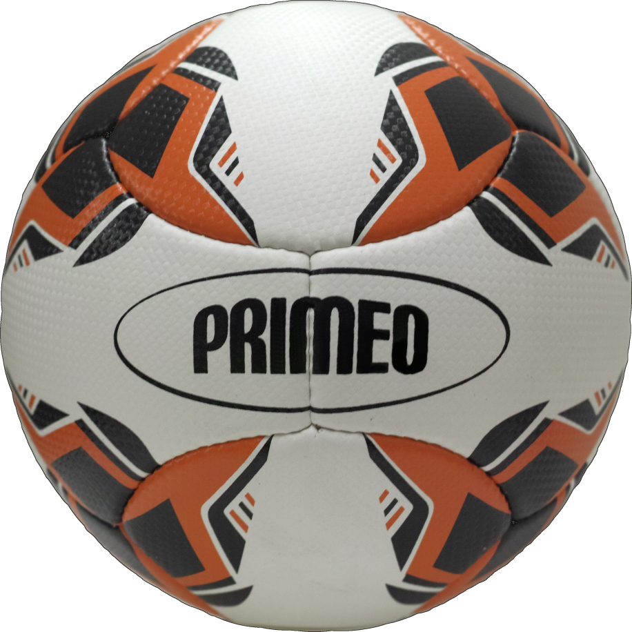 PRIMEO Fußball mit auffälligem Design in Weiß, Orange und Schwarz