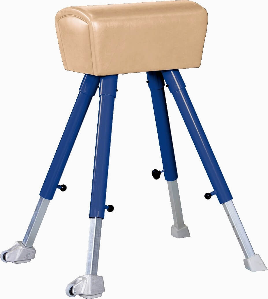 Ein Turnbock mit blauen Beinen und einem braunen, gepolsterten Oberteil, ideal für Schulen und Sportvereine.