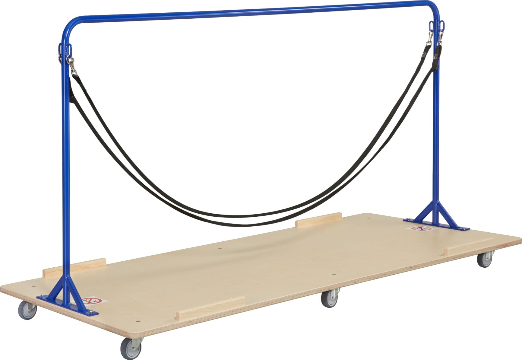Ein mobiler Transportwagen mit einer blauen Metallstange, Holzplattform und vier Rollen, ideal für den Transport von Waren.