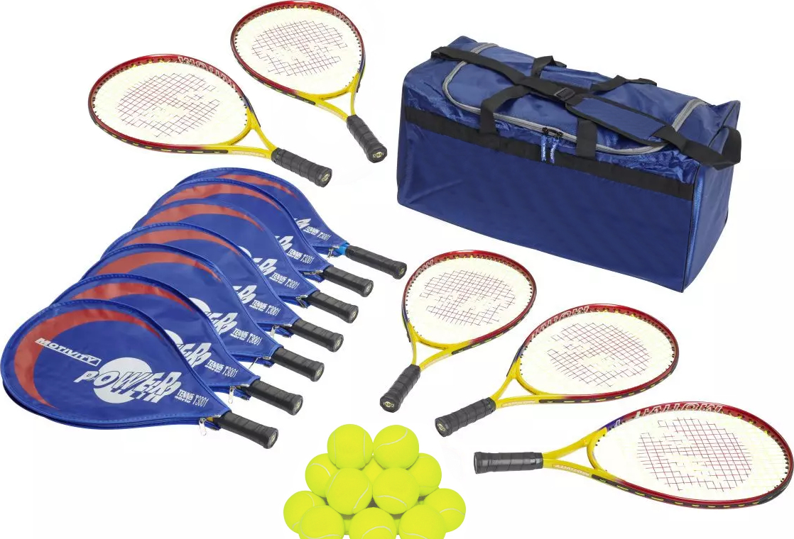 Tennis-Set mit mehreren gelben Tennisschlägern, gelben Tennisbällen und einer blauen Tragetasche