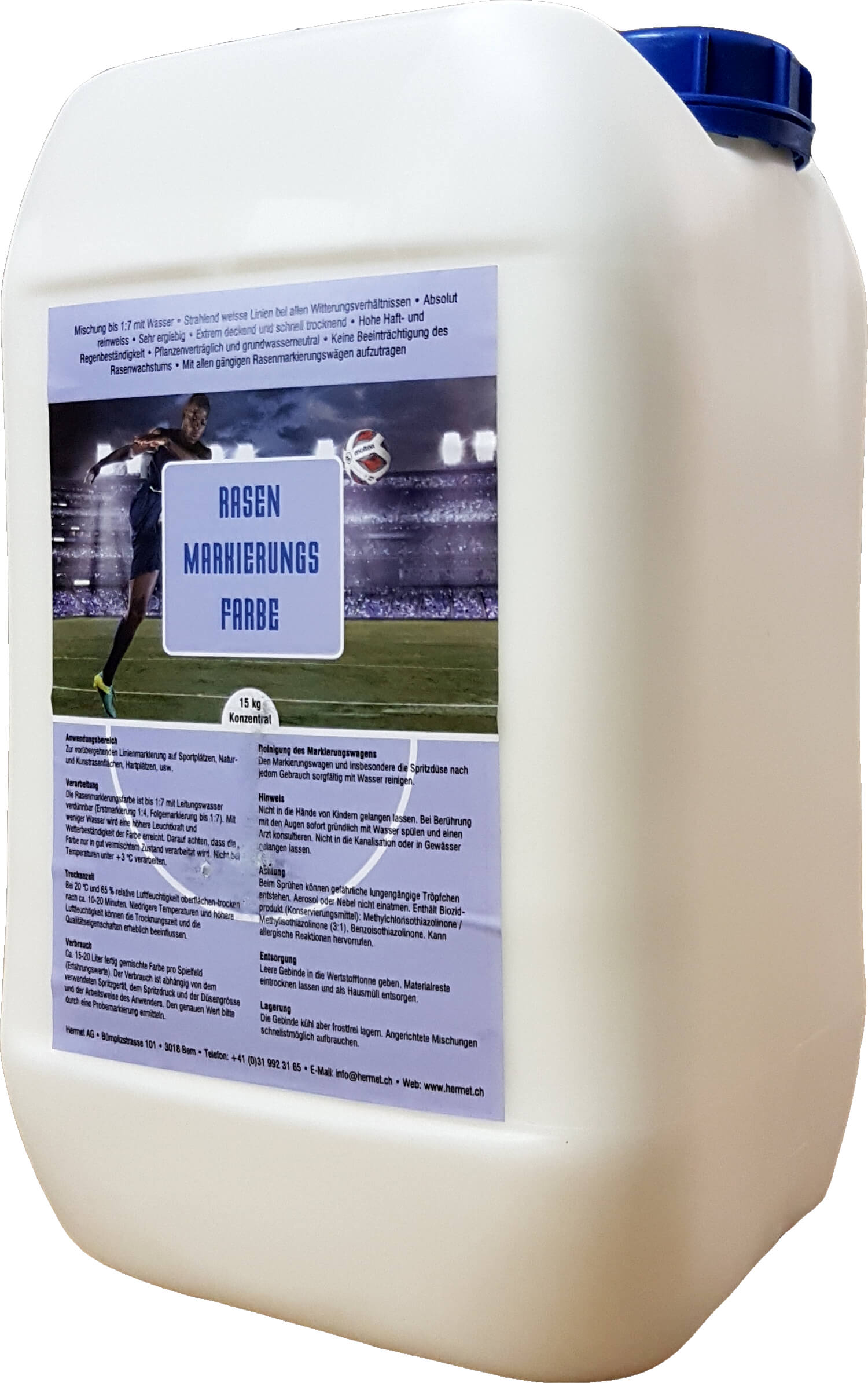 Großer Kanister mit 15 kg Rasenmarkierungsfarbe, ideal für Sportplätze und Spielfeldmarkierungen, bietet hohe Haltbarkeit und einfache Anwendung.