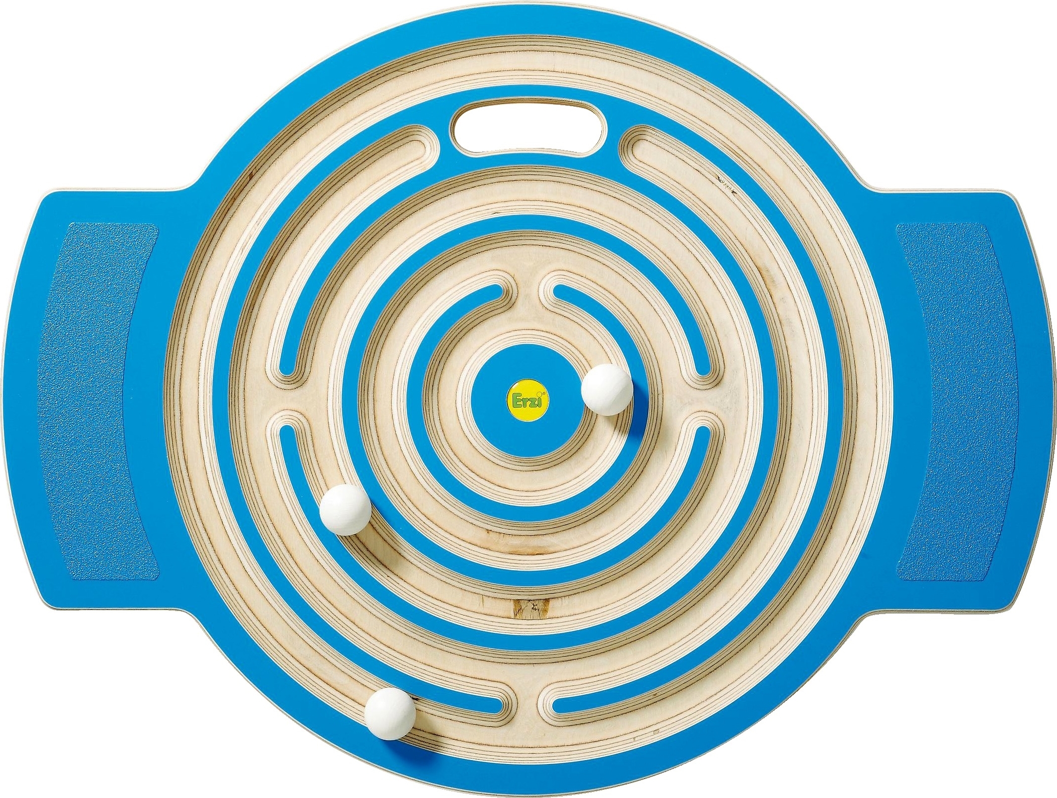 Holzlabyrinth-Spiel mit blauer Umrandung und weißen Kugeln