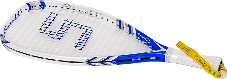 Ein Squashschläger in Blau und Weiß mit einem gelben Griffband, perfekt für Spieler aller Niveaus.