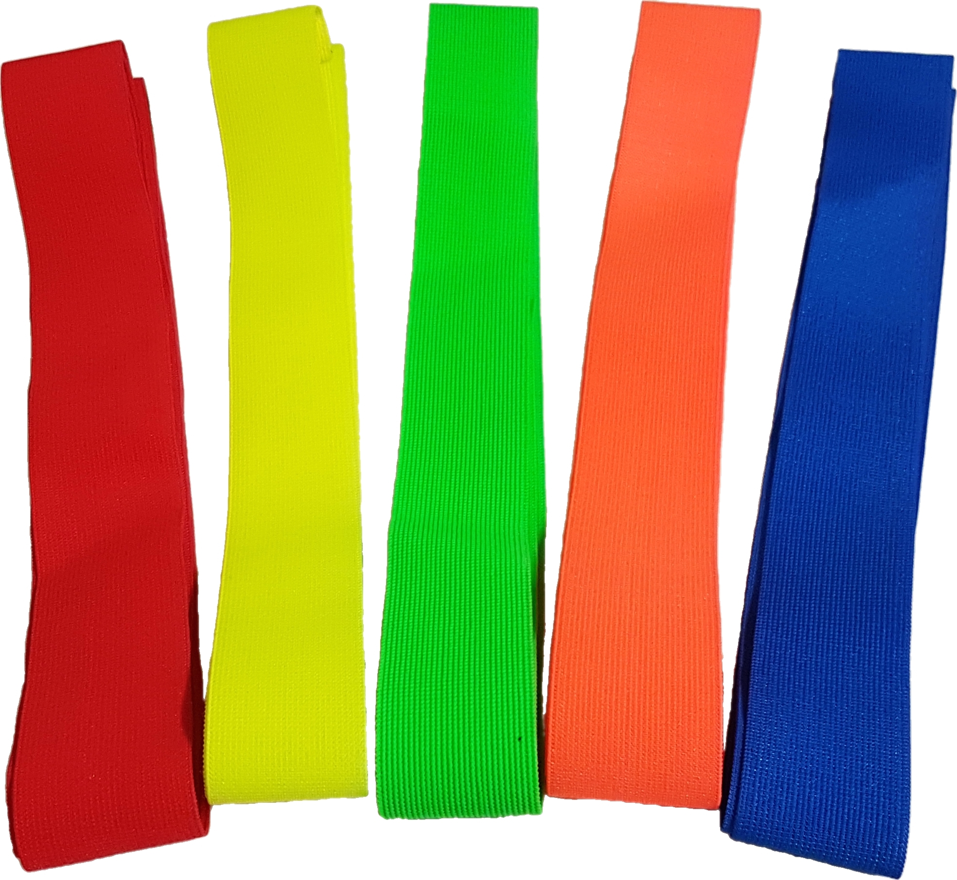 Fünf elastische Bänder in Rot, Gelb, Grün, Orange und Blau für Sportübungen