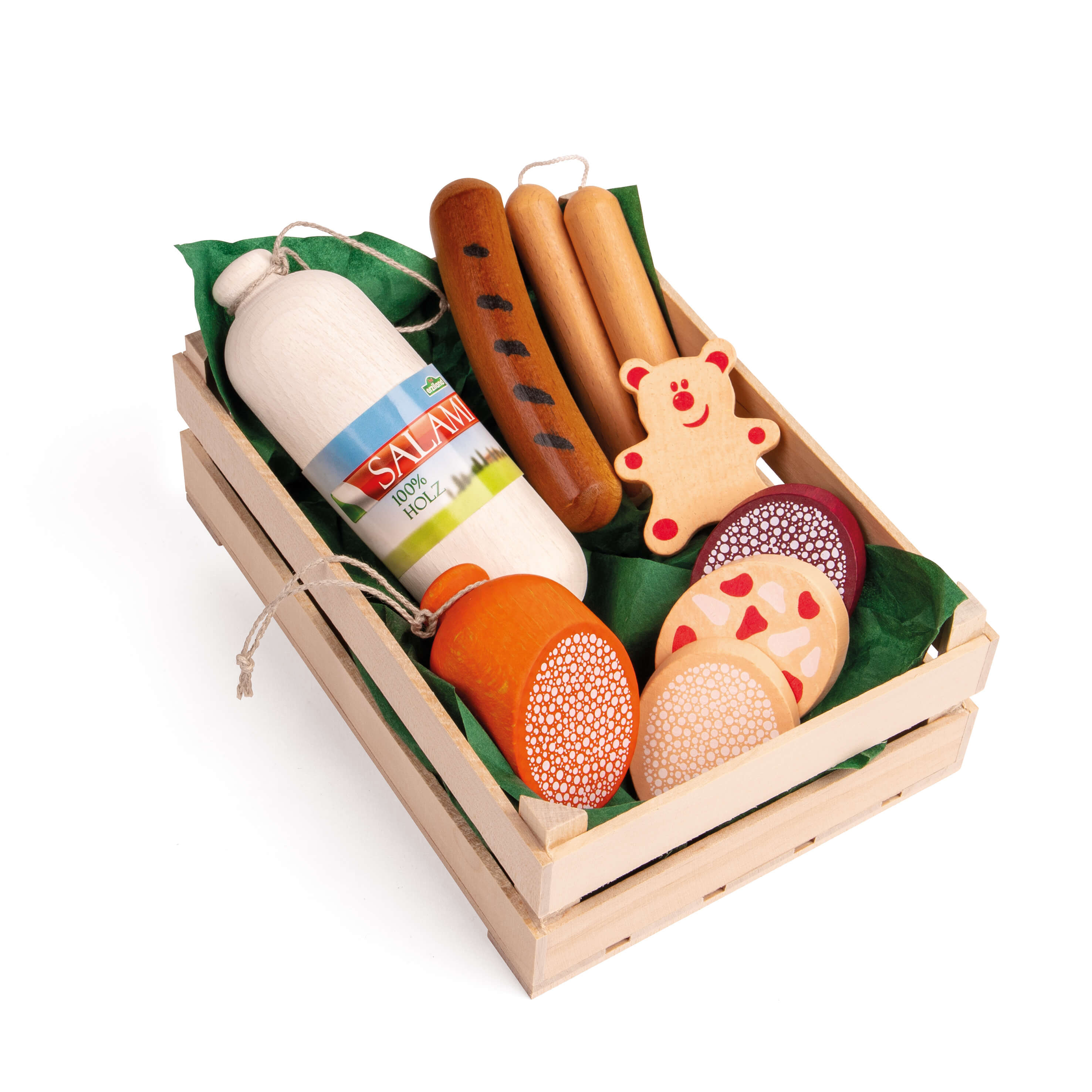 Ein Set aus Holzspielzeug-Lebensmitteln, darunter Salami, Würstchen und Gebäck, in einer Holzkiste.