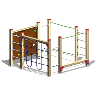 Ein Klettergerüst für Kinder mit mehreren Kletterelementen und Kletterseilen, ideal für den Spielplatz im Freien.