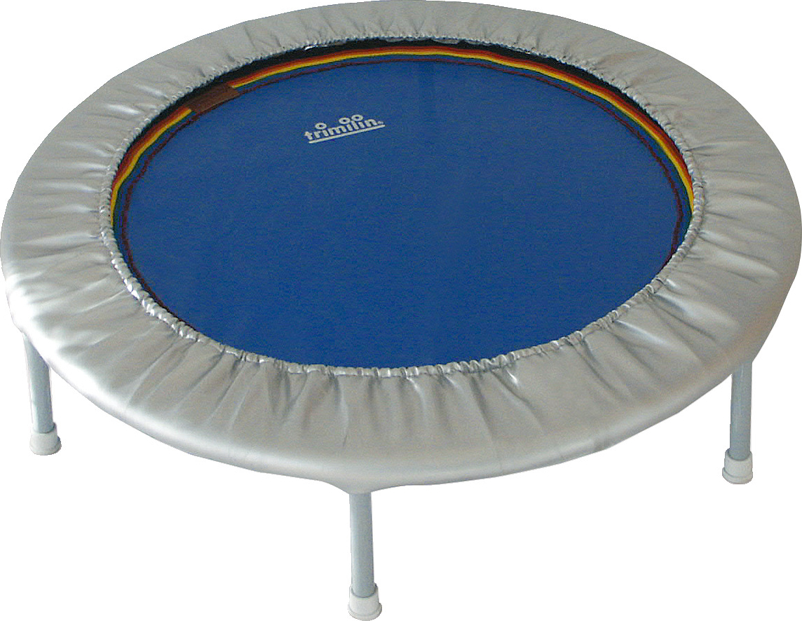 Rundes Fitness-Trampolin in Blau mit silbernem Rahmen für Indoor-Workouts