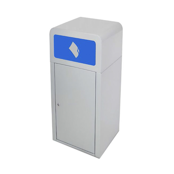 Ein grauer Abfallbehälter mit einem blauen Papier-Recycling-Symbol auf der Vorderseite
