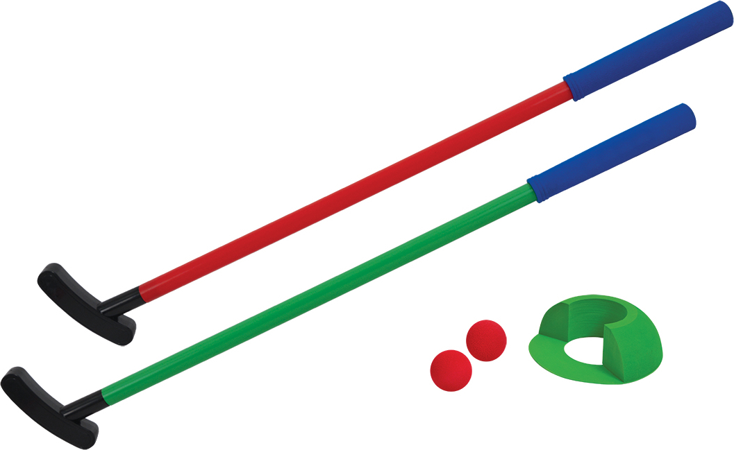 Mini-Golf-Set mit zwei farbigen Schlägern, zwei roten Bällen und einem grünen Ziel