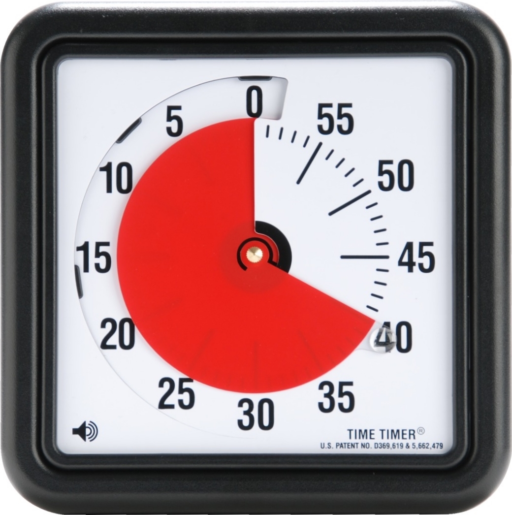 Ein quadratischer visueller Timer mit einer roten Zeitanzeige und einer Dauer von bis zu 60 Minuten, ideal für Zeitmanagement und Konzentrationsförderung.