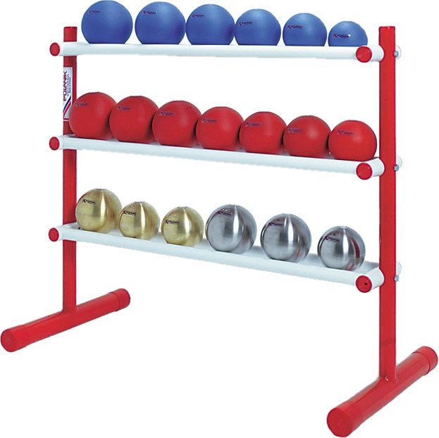 Roter stabiler Kugelhalter mit blauen, roten, goldenen und silbernen Medizinbällen auf drei Ebenen