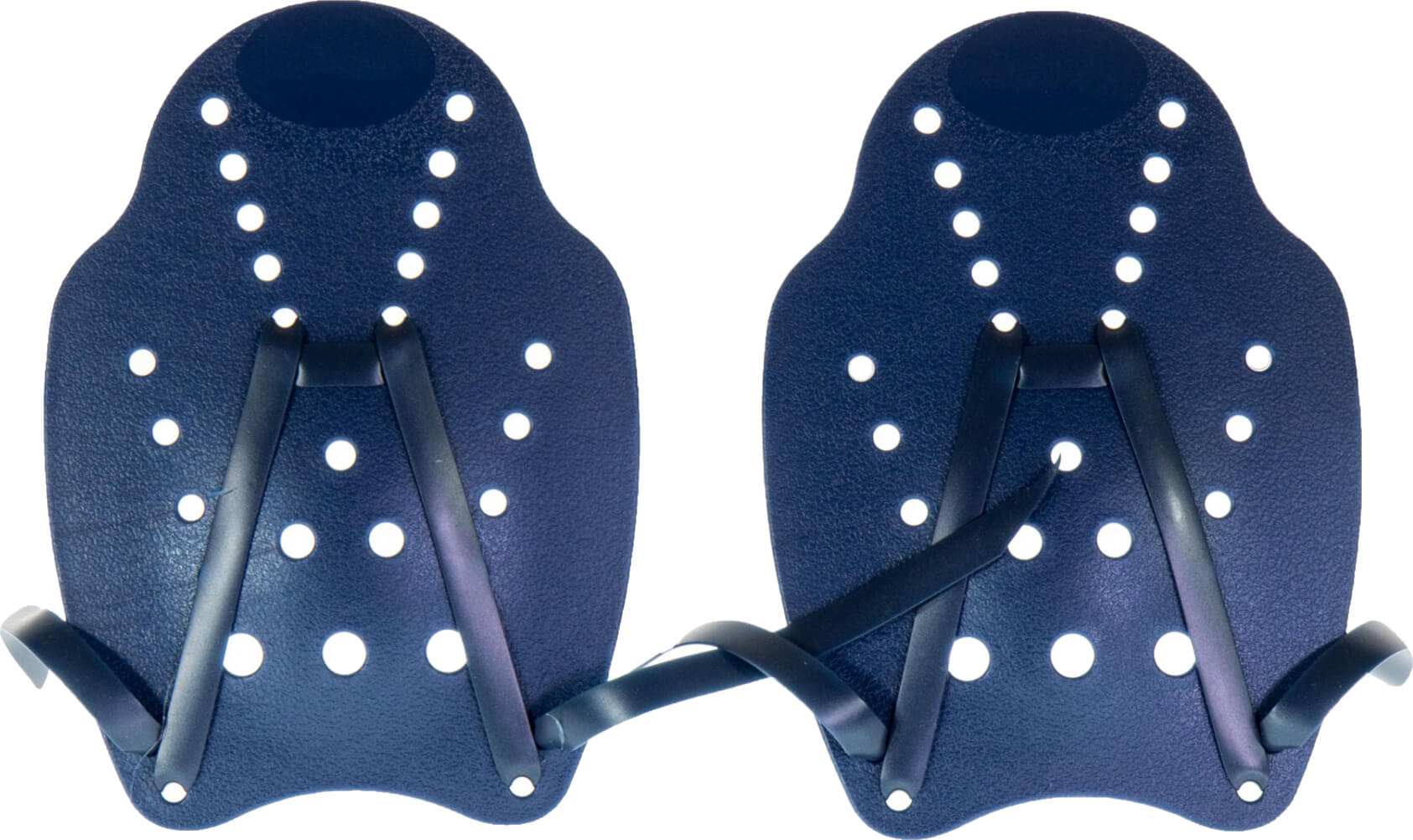 Zwei blaue Schwimm-Handpaddel mit runden Belüftungslöchern und Haltebändern