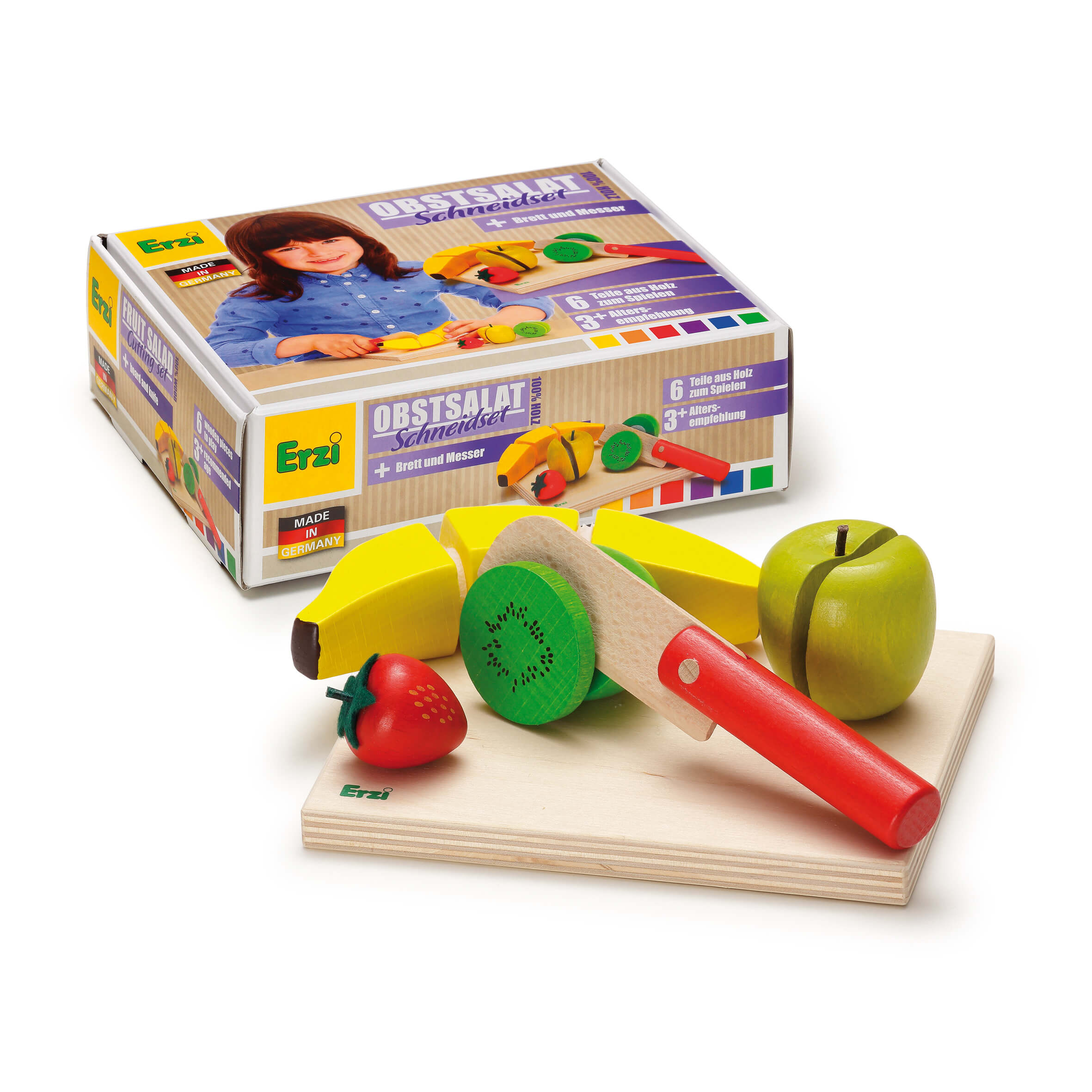 Spielzeug-Obstsalat Schneideset von Erzi mit Holzfrüchten und Schneidebrett