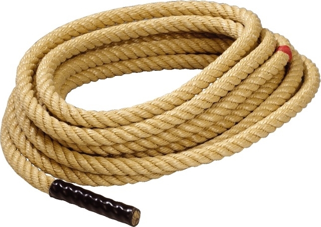 Ein aufgerolltes, robustes Kletterseil aus Naturfaser mit verstärktem Ende, ideal für Sport und Outdoor-Aktivitäten