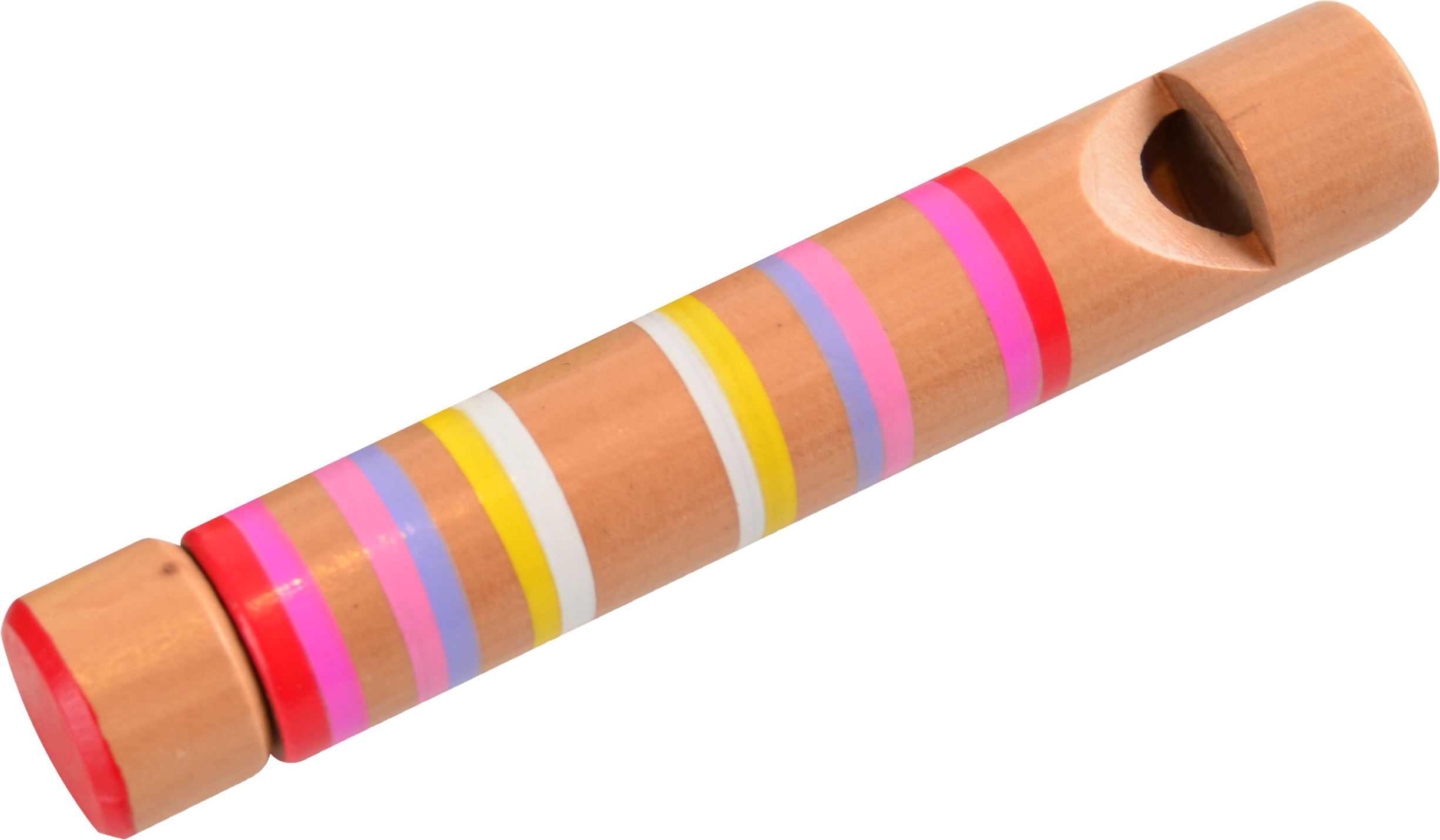 Bunte Holzpfeife mit farbigen Streifen in Rot, Pink, Gelb, Weiß und Blau auf Holzoberfläche