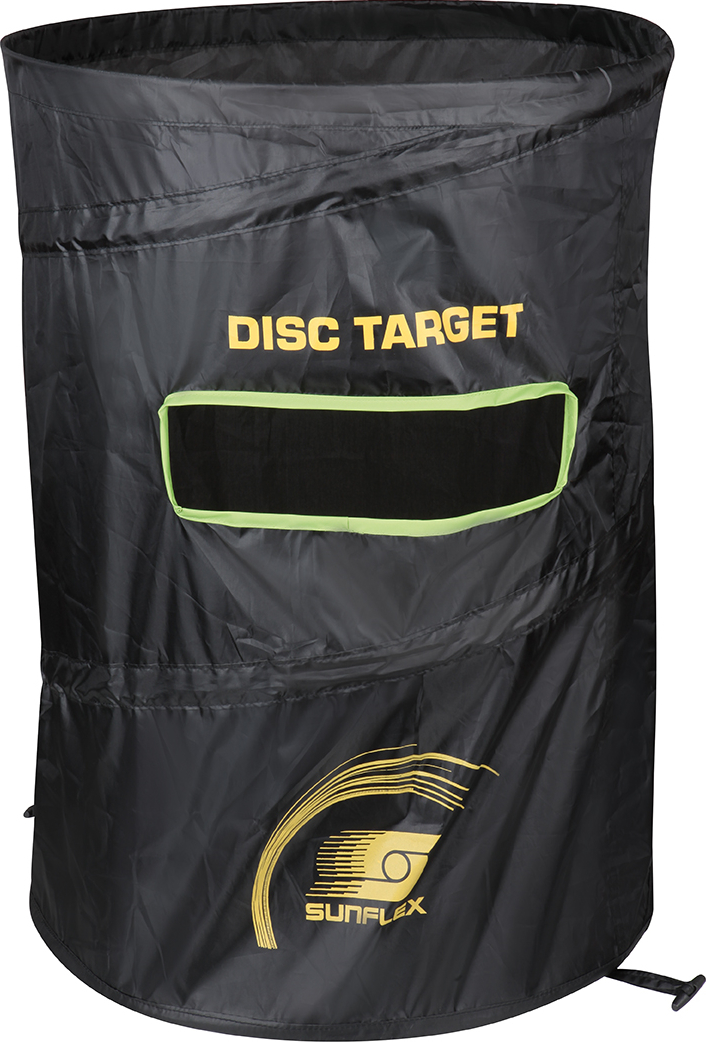 Schwarzes Sunflex Disc Target mit gelbem Text, ideal für Frisbee-Übungen