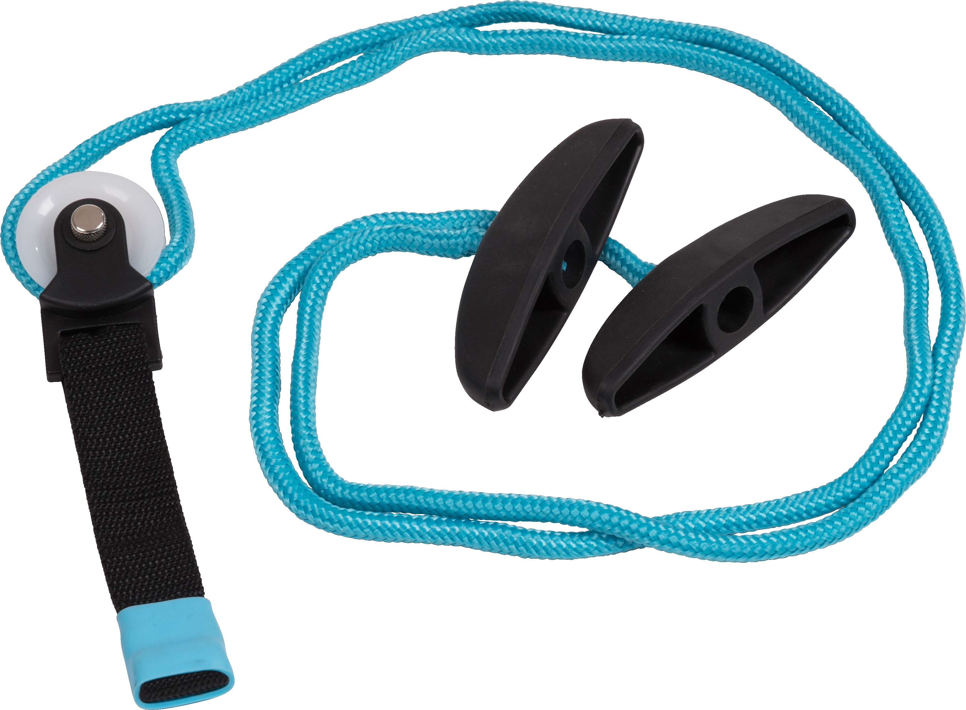 Ein verstellbares Schwimmbrillenband mit robustem schwarzem Clip und blauer Kordel.