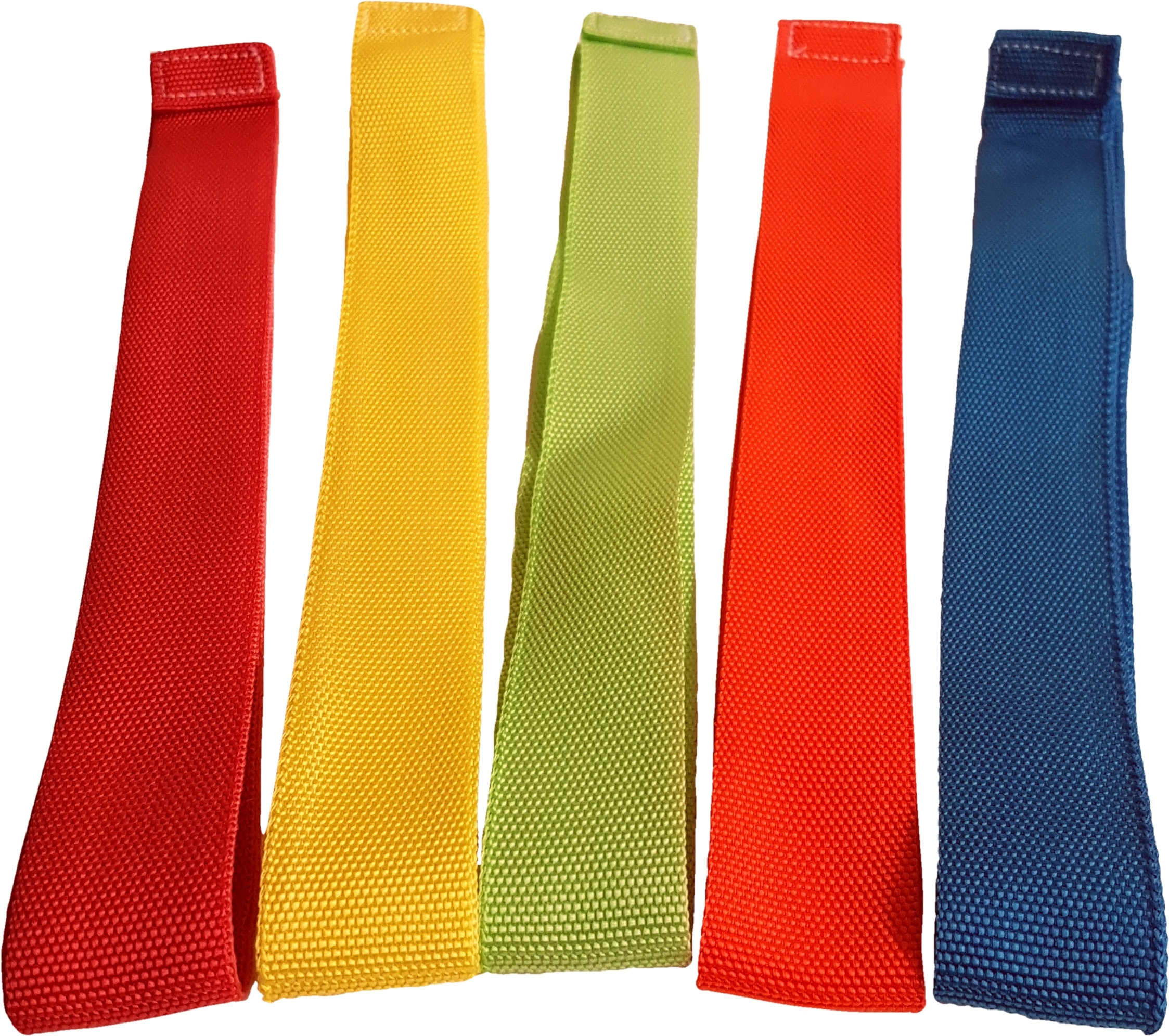 Fünf Klettbänder in den Farben Rot, Gelb, Grün, Orange und Blau nebeneinander liegend
