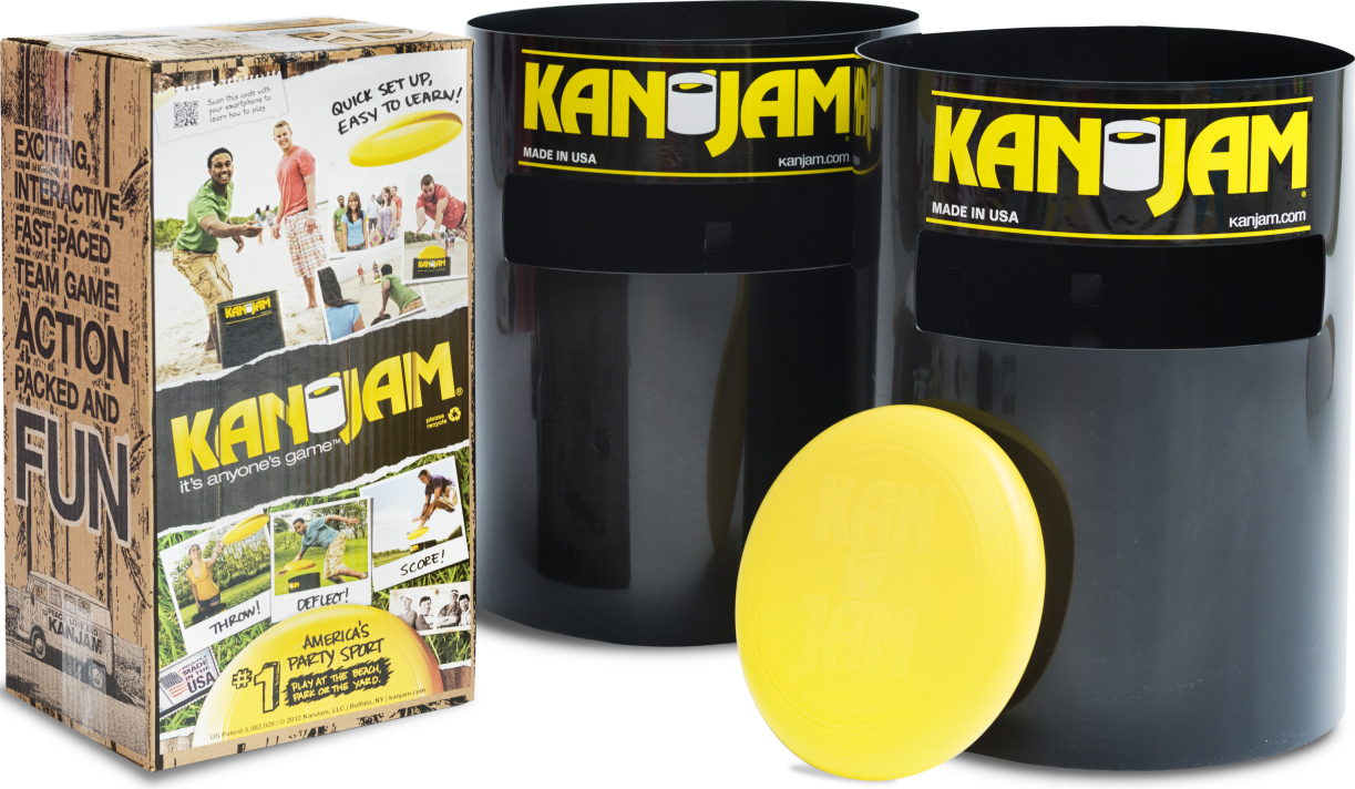 Kanjam Spielset bestehend aus zwei schwarzen Zieltonnen und einer gelben Frisbee, ideal für Teamspiele im Freien