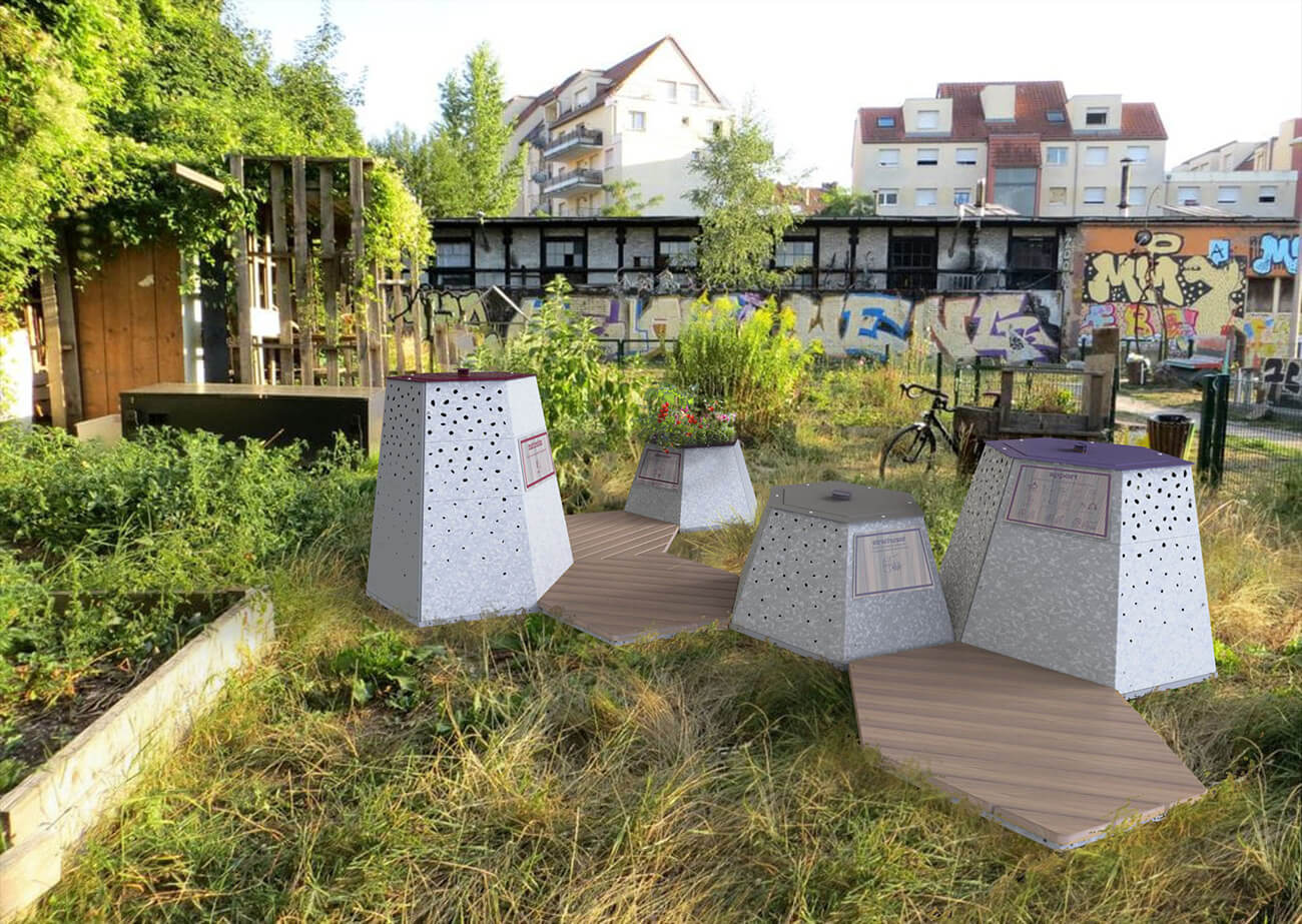 Ein urbaner Gemeinschaftsgarten mit modernen, perforierten Pflanzkübeln, umgeben von Graffiti-bemalten Wänden und Gebäuden im Hintergrund.