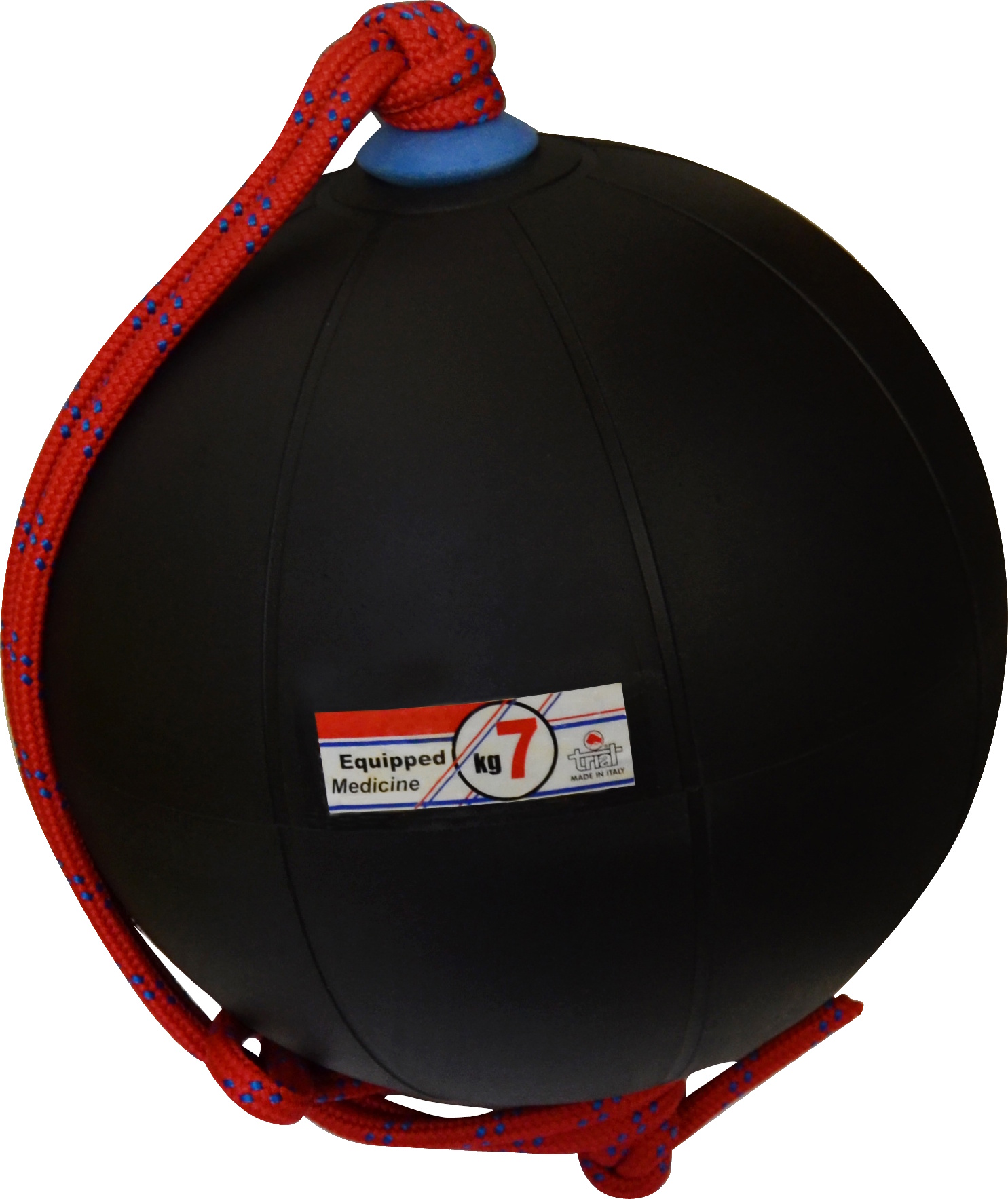 Schwarzer Medizinball mit rotem Seil und blauer Kappe, 7 kg Beschriftung